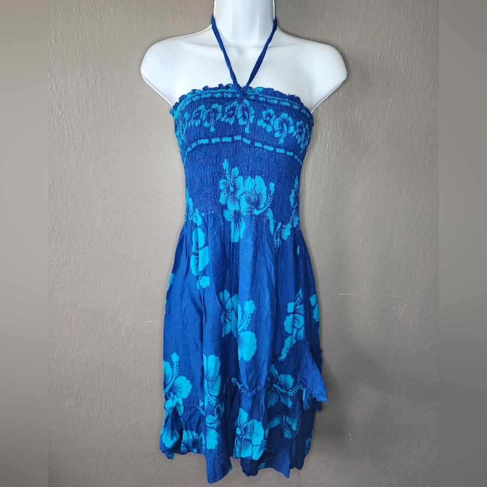 Kisses & Hugs Blue Hawaiian Floral Strapless Dress